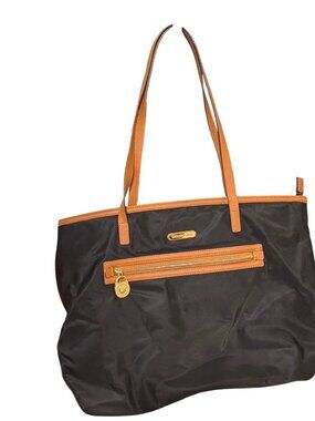Michael Kors Black Nylon Kempton Tote Bag Tan Leather Shoulder Purse Zip Top